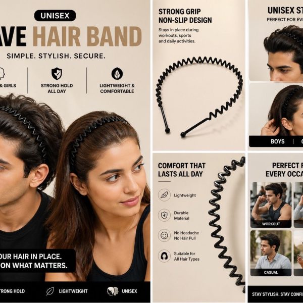 Black metal hairband unisex for men and women zigzag wavy hairband